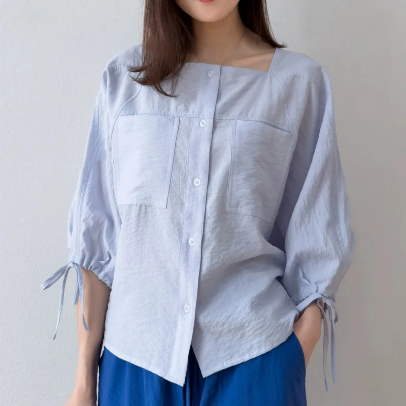 Birdtree, 76% Real Silk 24% Nylon Blouse, Squre Neck Batwing Sleeve Shirt, Women Dry Silk Elegant Tops, 2026 Summer New T64025JF