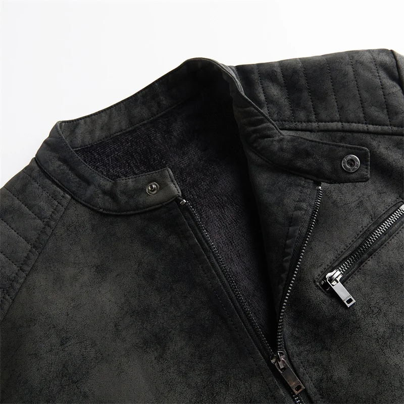 

New Men's Fce Lined Leather Jaet Slim Fit Sli Biker Faion PU Leather Jaet Outerwear Trendy Two-Button Design