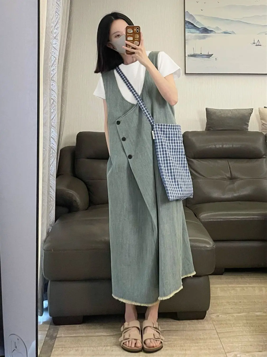 Abito elegante alla moda e versatile, girocollo, t-shirt a maniche corte, gilet, abito in denim