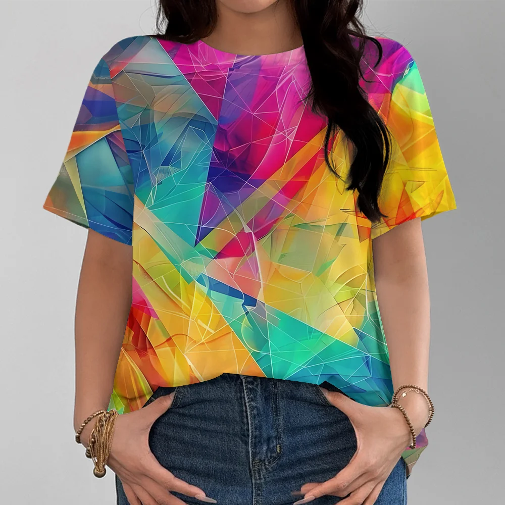 

Женская футболка с динамическим абстрактным геометрическим принтом, современный стиль, повседневная мода, удобная летняя уличная одежда с короткими рукавами Y2K
