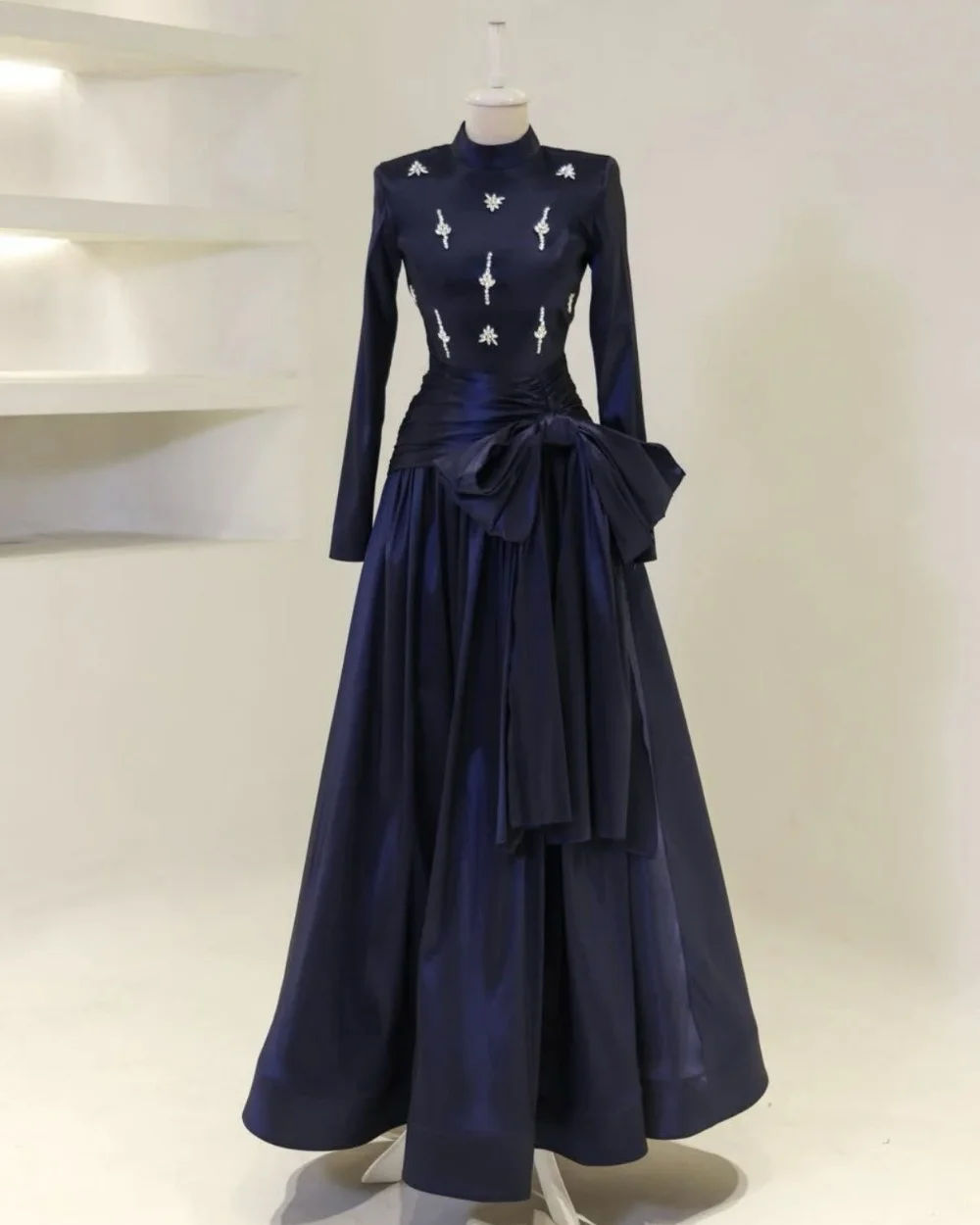 

Customized Navy Blue Exquisite Elegant Pleat Rhinestone Bow A-line High Collar Long Dresses Evening Dresses Sizes Available Sexy
