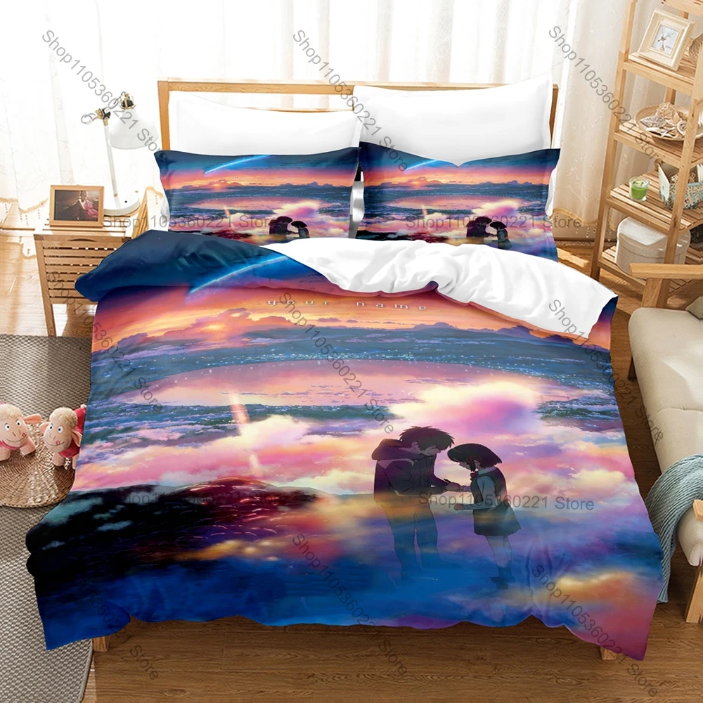 Soft Pastel Night Sky Comet Mountain Village Minimal Line Sketch Duvet Cover + 2 Pillowcases Neutral Gentle Sunset Microfiber