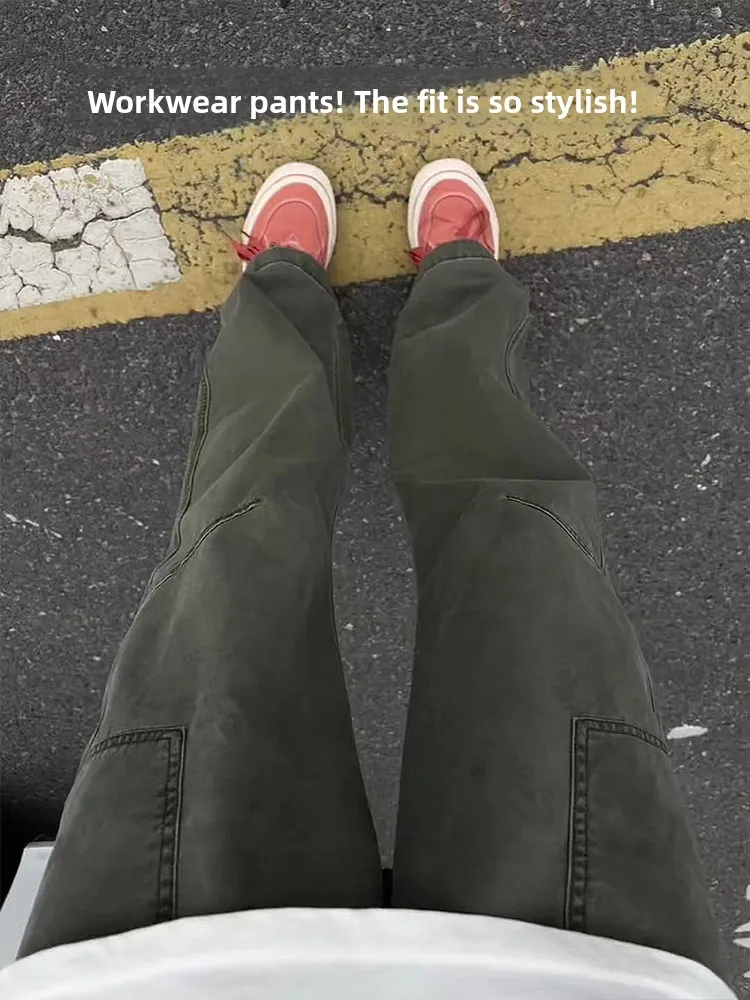 

American Retro Workwear Pants Men's Loose Straight Leg Jeans Spring Autumn High Street Military een Logging Trousers