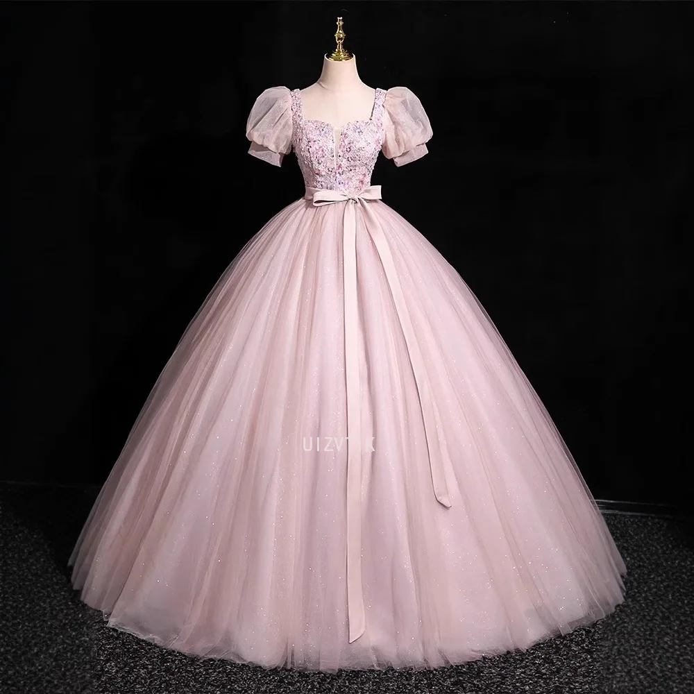 

Pink Ball Gown Evening Dress Quinceanera Dress Puff Short Sleeves Princess Customized Bow Belt Party Wedding Vestidos De Fiesta