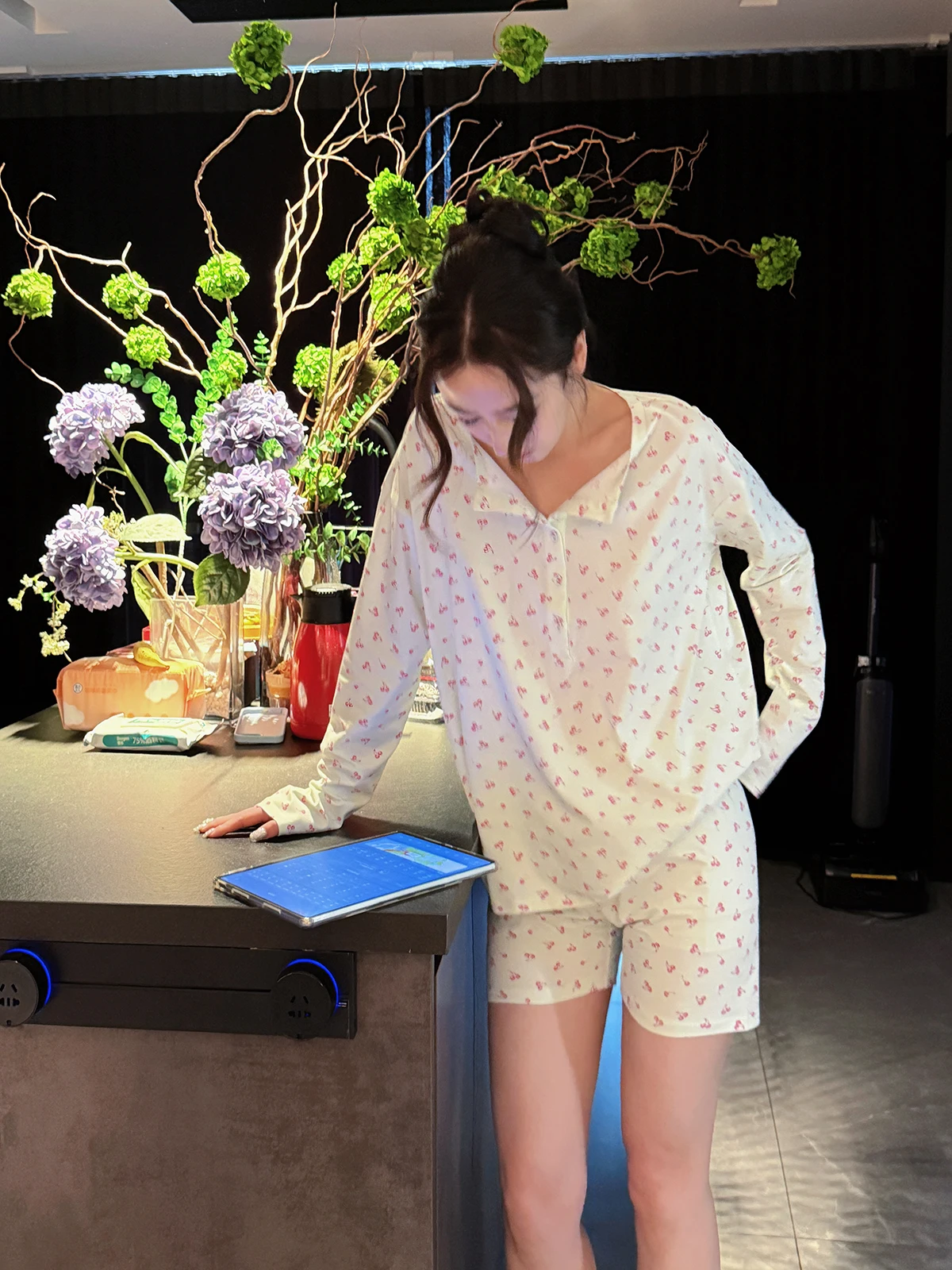 doubleoo2026-set-pigiama-verde-matcha-a-maniche-lunghe-comodo-e-ampio-in-cotone-modal-con-colletto-henry-abbigliamento-per-casa