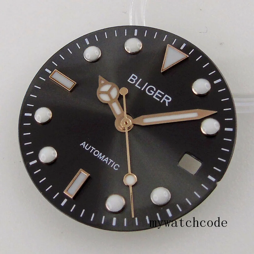 Bliger 29mm Grey Sunburst Watch Dial Blue Luminous Rose Gold Edge Fit NH35A NH36A ETA2824 2836 Miyota82 Series Mingzhu DG 2813