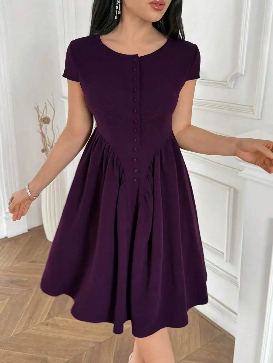 

Women Solid Color Round Neck Short Sleeve Button Front Casual A-Line Dress