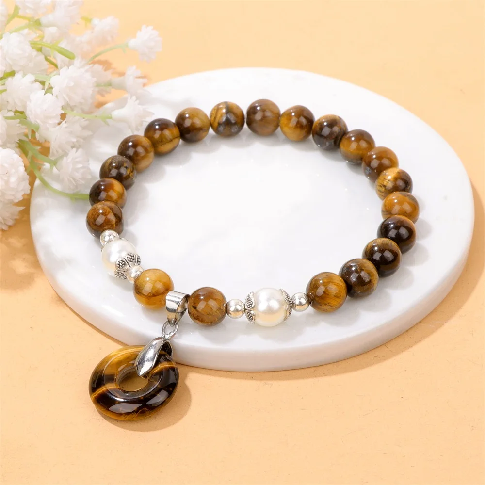 8mm Natural Tiger Eye Stone Beads Bracelet Fashion Peace Buckle Stone Charm Bracelets for Women Men Bracelet Bangle Jewelry Gift