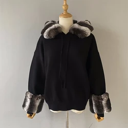 Jaxmonoy Women's Sweater and Pant Sets With Real Fur Ladies Autumn Fashion Knitted Two Piece Set Hooded Knitted Tops Female 2024