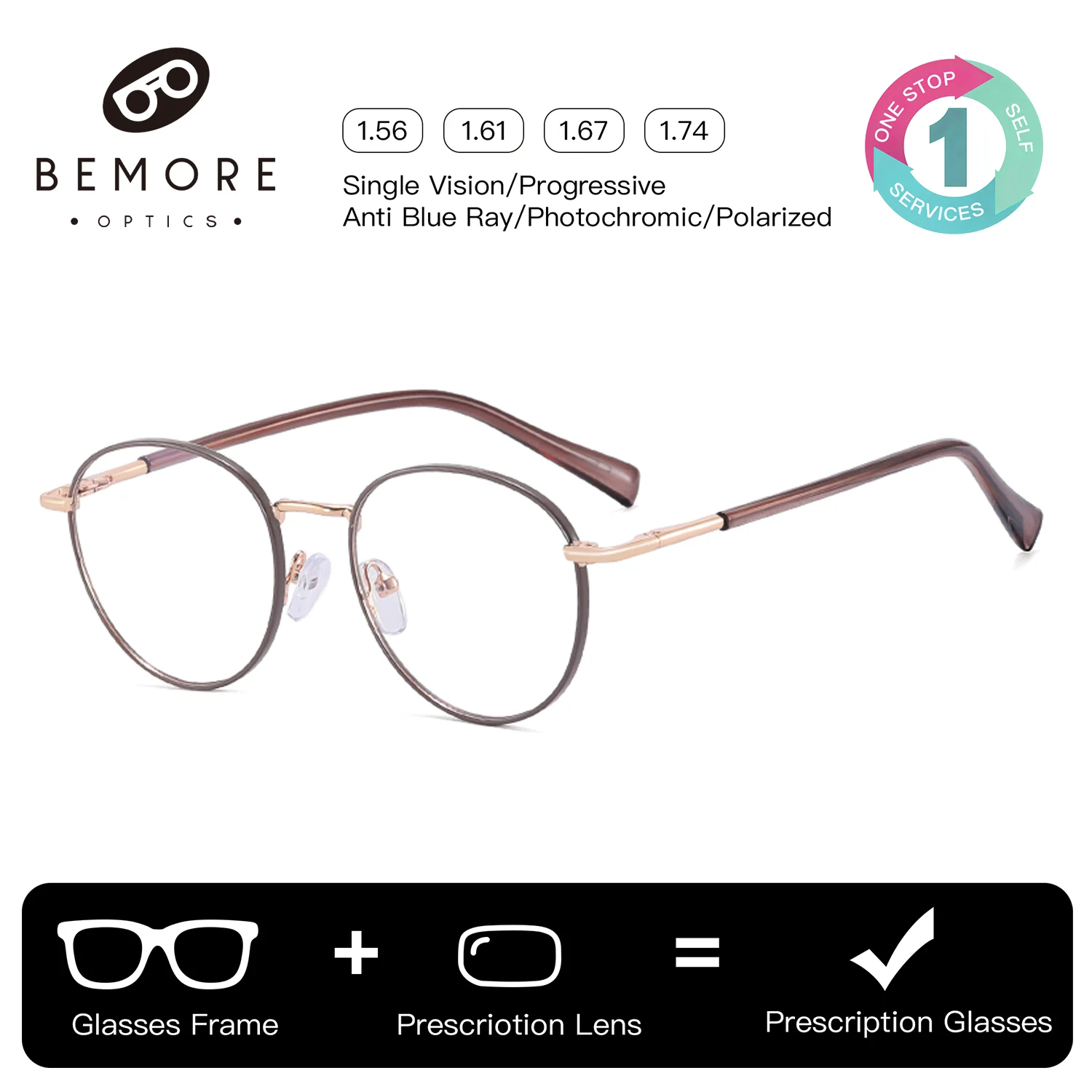 

BEMORE Custom Round Optical Lenses with Recipe Anti-Blue Ray Multifocal Photochromic Prescription Eyeglasses for Women