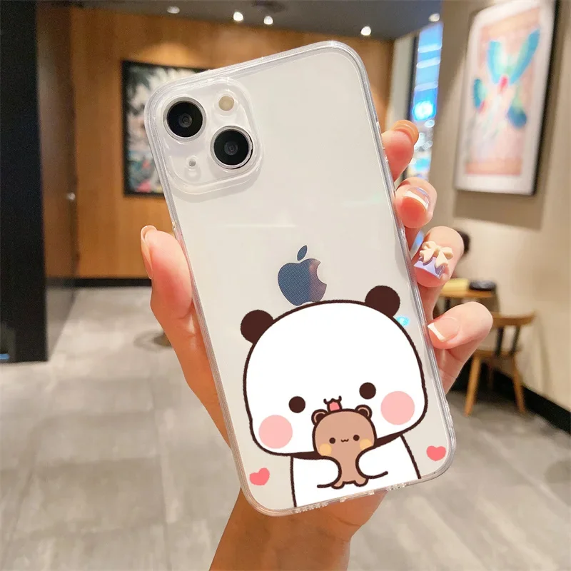 Funny Cartoon Bear Clear Couple Paired Phone Case For iPhone 17 14 13 11 12 15 16 Pro Max Mini SE 7 8 Plus Lovers Cover Fundas