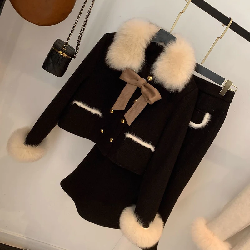 Spring Fur Collar Down Jacket Half Skirt Two-piece Set Rich Heiress Warm Down Fur Jacket with a Line Half Skirt for Women