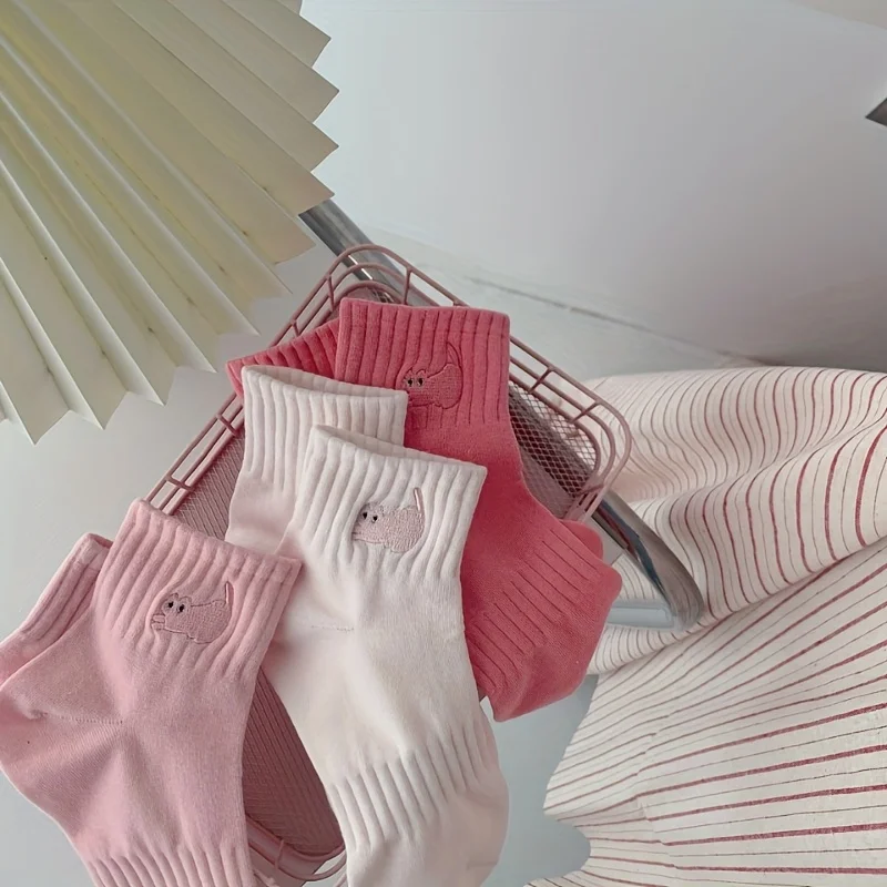 5 أزواج من جوارب القطط المطرزة للأطفال، جوارب قطط مطرزة لطيفة، كرتونية متعددة الاستخدامات، طراز جامعي