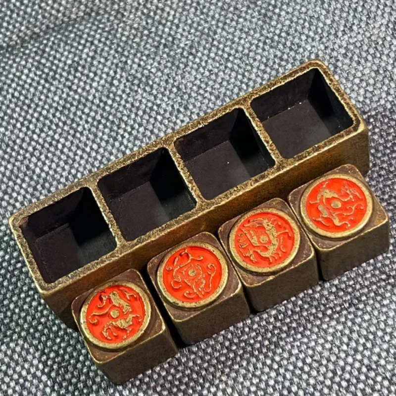 Antique Miscellaneous Items: Four Divine Beasts Brass Cinnabar Seal - Blue Dragon and White Tiger Seal, with random characters o