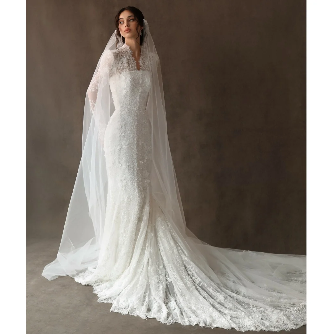 Exquisite Mermaid Wedding Dresses Lace Sequined Beading Long Sleeves Bridal Gown 3D Flowers Luxury Party Dress Customized