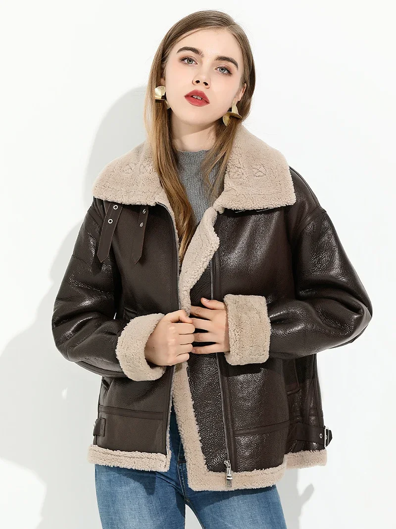 Natural Fur Coat Women Real Lamb Hair Motorcycle Jacket Fur Coats Womens Loose Genuine Leather Jacket Winter Fur Jakets Chaqueta