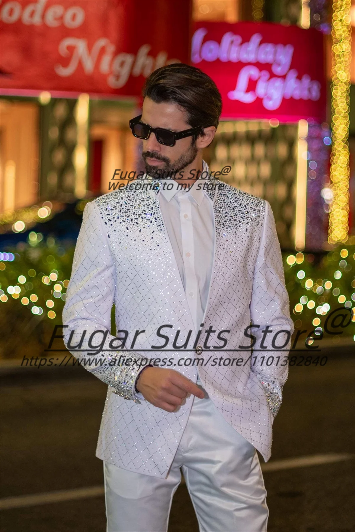 

Luxuly Shiny Geometric Pattern Rhinestone Men Suits Customized Slim Fit Groom Wedding Tuxedos 2 Pieces Sets Male Prom Blazers