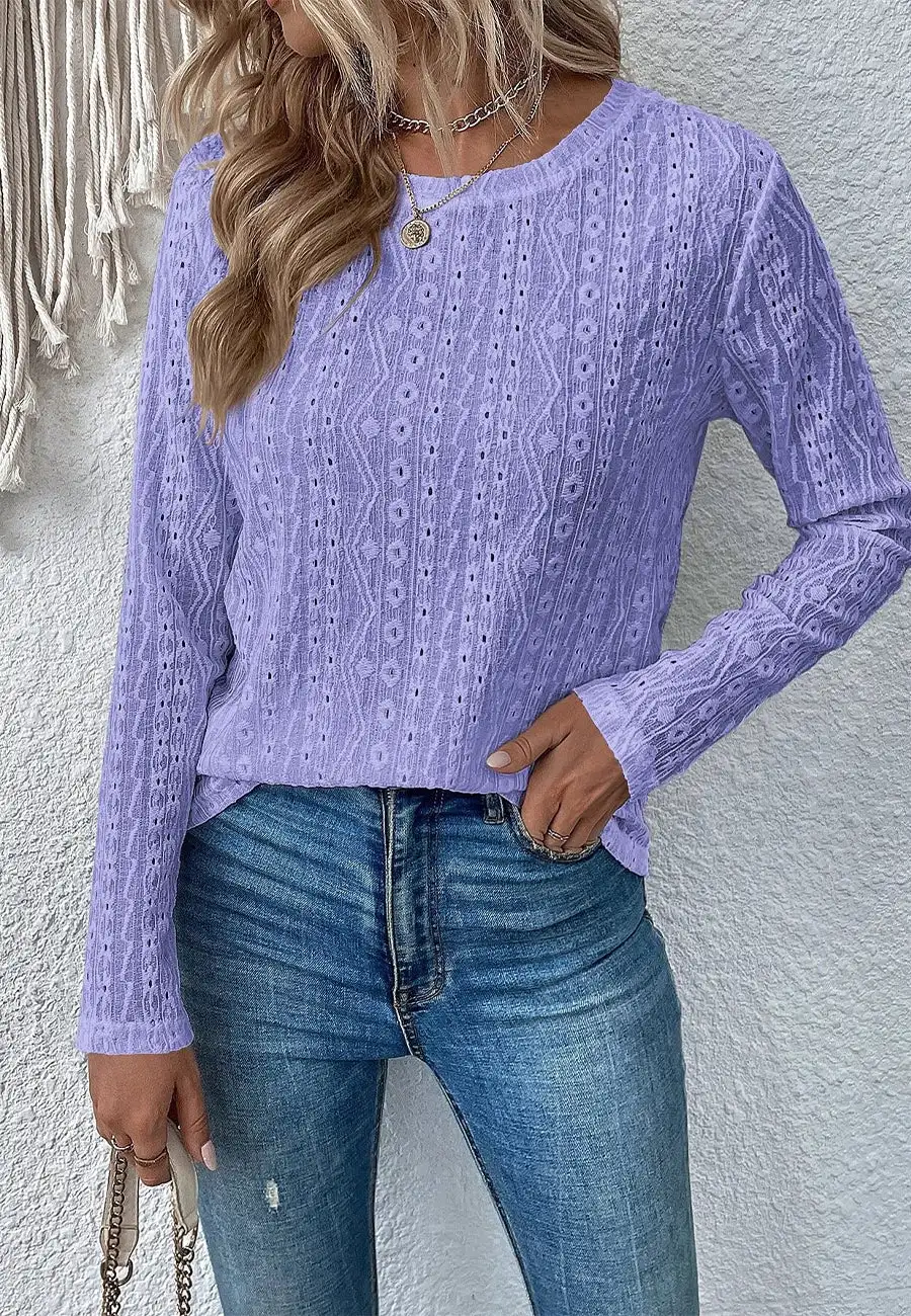Round Neck Eyelet Detail Sweater Long Sleeved Fashion Fall Pullover Top Solid Color Trendy Chic Lady Clothes