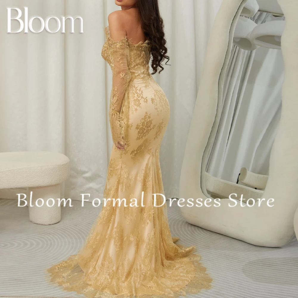 Bloom mangas largas tren de barrido hasta el suelo encaje transparente Hada cremallera trasera lentejuelas elegantes vestidos de noche de fiesta Mujer