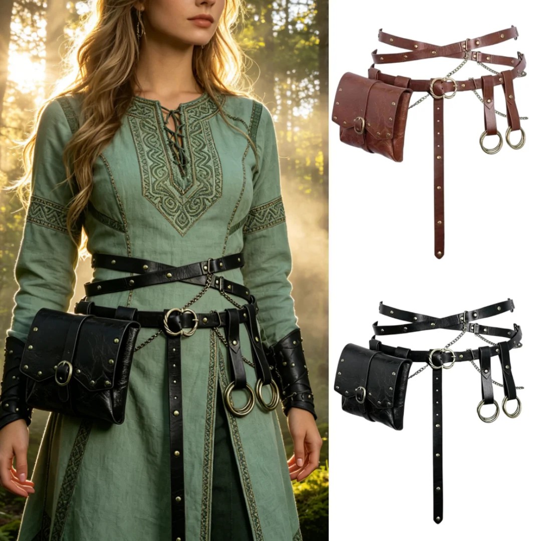 UYEE Medieval Multi Layer Leather Waist Belt Set With Pouch, Halloween Elf O Ring Harness for Renaissance LARP Cosplay