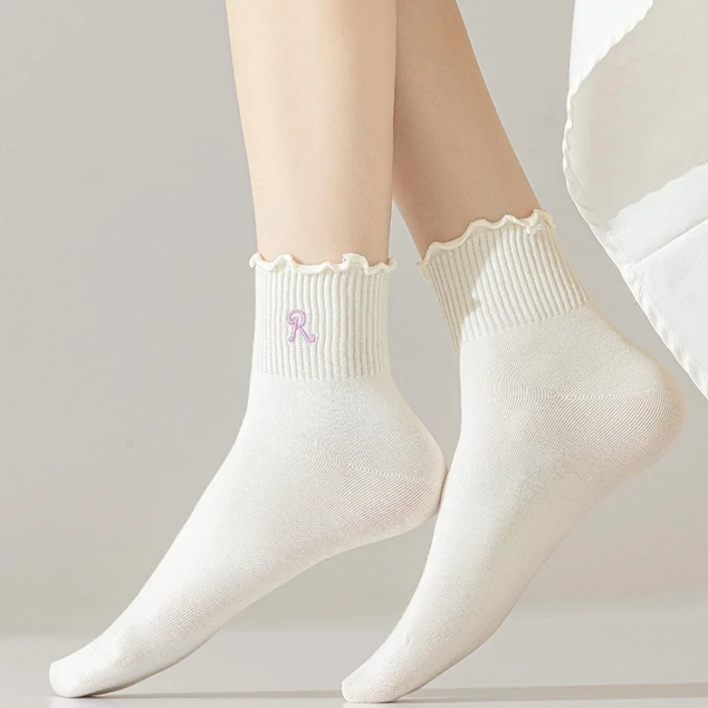 DOIAESKV Socks for Women Ruffle Girls Harajuku Sweet Middle Tube Black White Socks Jk Lolita Soft Breathable Long Sock Loose