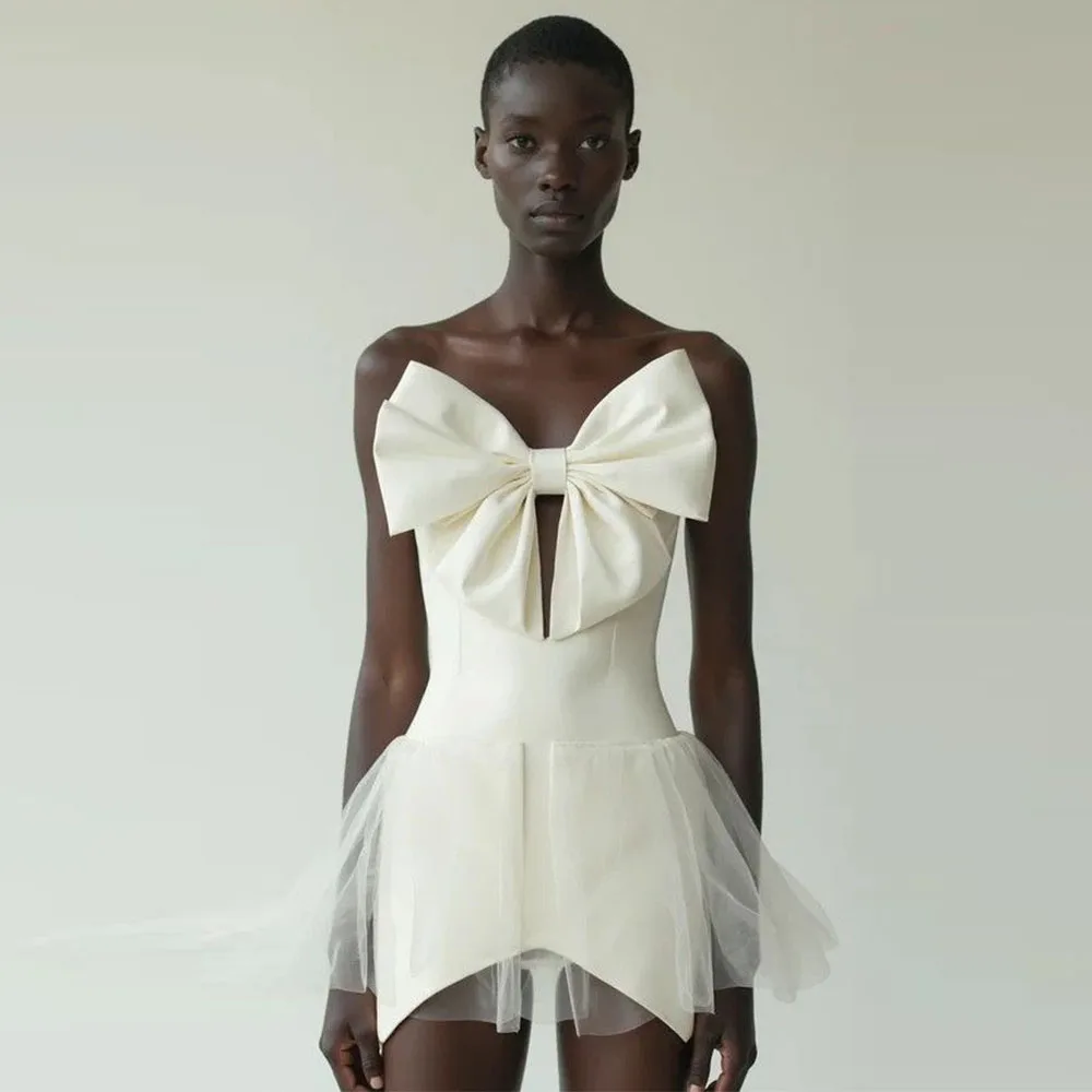 Mini vestido de novia corto de color marfil personalizado, vestidos de novia sin tirantes para novias, sin mangas con lazo, vestido de novia