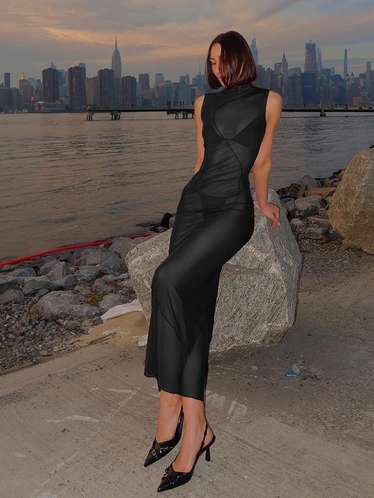 Nibber Sexy Maille Voir À Travers La Robe Femmes Lignes Patchwork Col Roulé Sans Manches Minuit Prom Parti Élégant Volants Longue Moulante