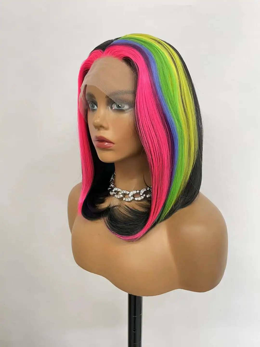 Rainbow Short Straight Lace Front Wig Synthetic Glueless Daily Wear Synthetic