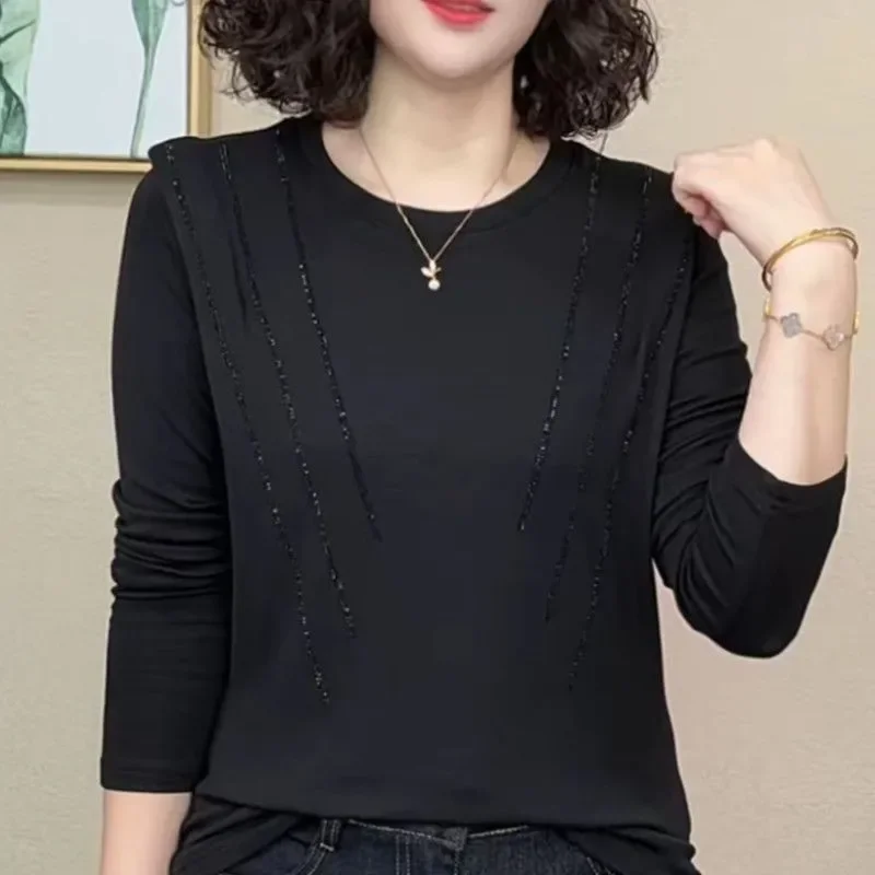 New Autumn and Winter Hot Diamond Long Sleeved T-shirt for Women, Versatile and Suitable for Middle-aged and Elderly Women