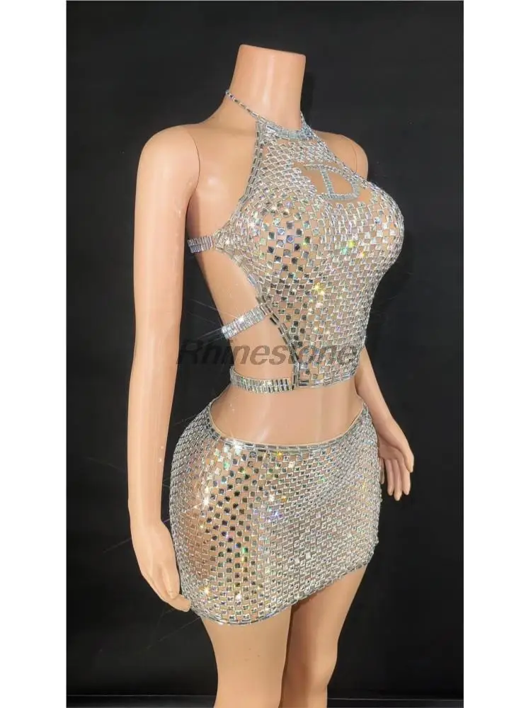 Shinning Crystal Diamonds Sexy Mesh See Through Mini Bodycon Two-Pieces Women Birthday Party Celebrate Performance Costume Suit