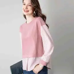 2024 spring Women Splicing Fake Two Pieces Long Sleeved Leisure Hoodie Female Loose Round Neck Pullover Fake Two Pieces Hoodie