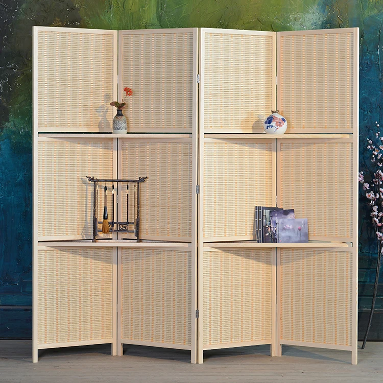 Folding Room Divider 120*50cm 4 Panel Bamboo Screen Removable Storage Shelve Hinged Privacy Screen Portable Foldable Divider