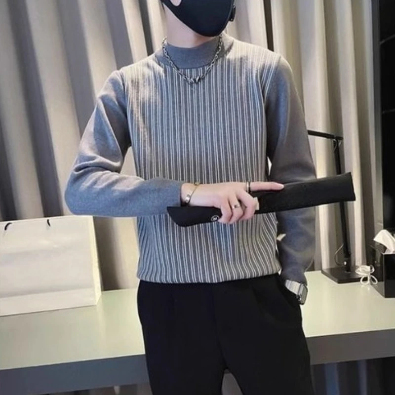 

​ Мужской осенне-зимний вязаный пуловер с воротником-стойкой в полоску, топ в корейском стиле, лоскутный базовый слой, внутренний, Новое поступление 2025, горячая распродажа