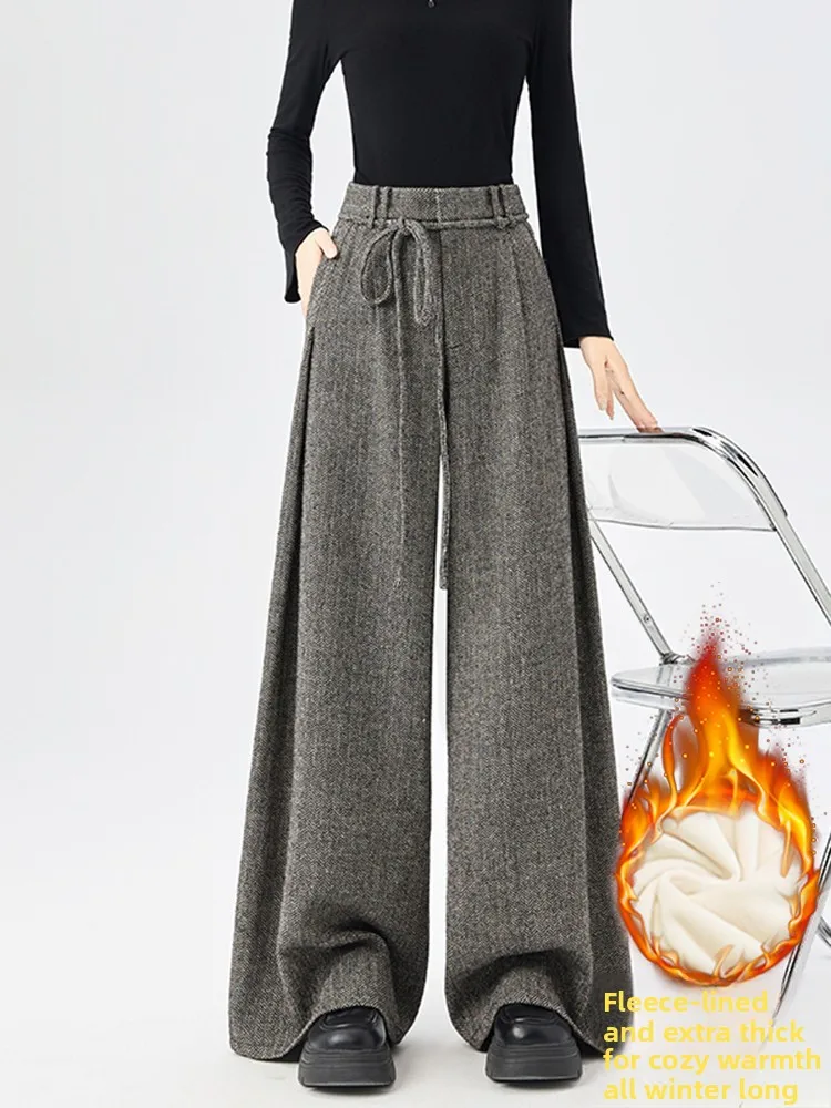 

High Waist Plaid Fleece Lined Casual Pants Women's Fashion Spring 2026 Straight Leg Wide Leg Pants Home Leisure Hiking