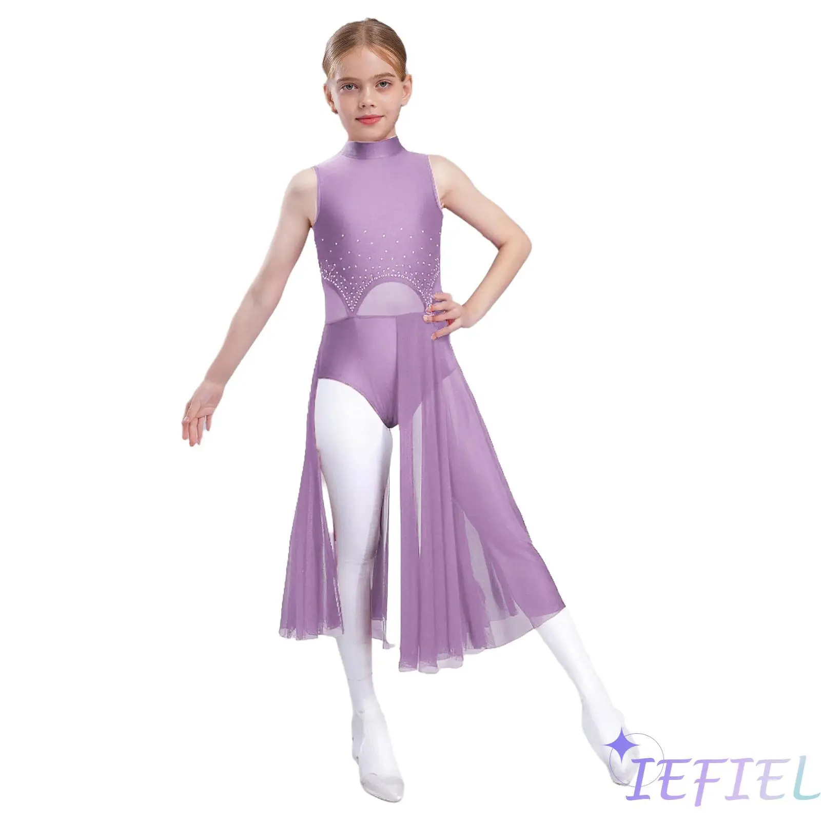 

Modern Lyrical Dance Dress Girls Dance Stage Performance Costume Sheer Mesh Back Cutout Patchwork Shiny Rhinestones Split Dress
