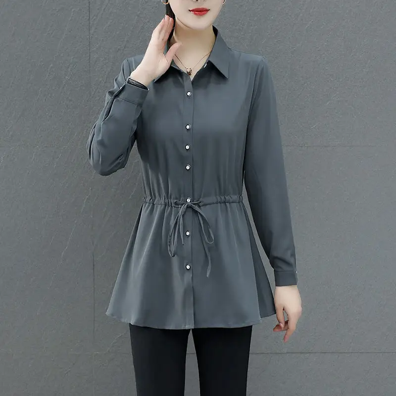 Elegant Fashion Lace Up Button Up Shirt Women Spring Autumn Casual Solid Slim Long Sleeve Tunic Ladies Tops Blouses Clothes 2023