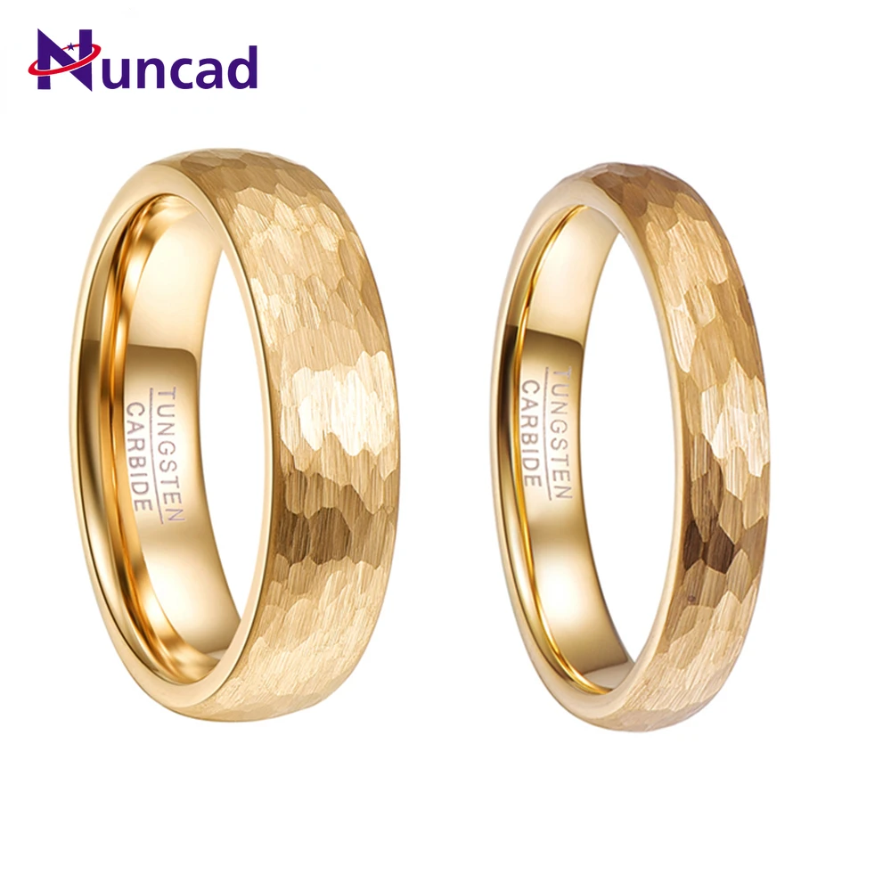 NUNCAD 6mm 4mm 18k Gold Plated Hammered Tungsten Carbide Ring Domed Comfort Fit Engagement Ring Size 5-12 T070R T071R