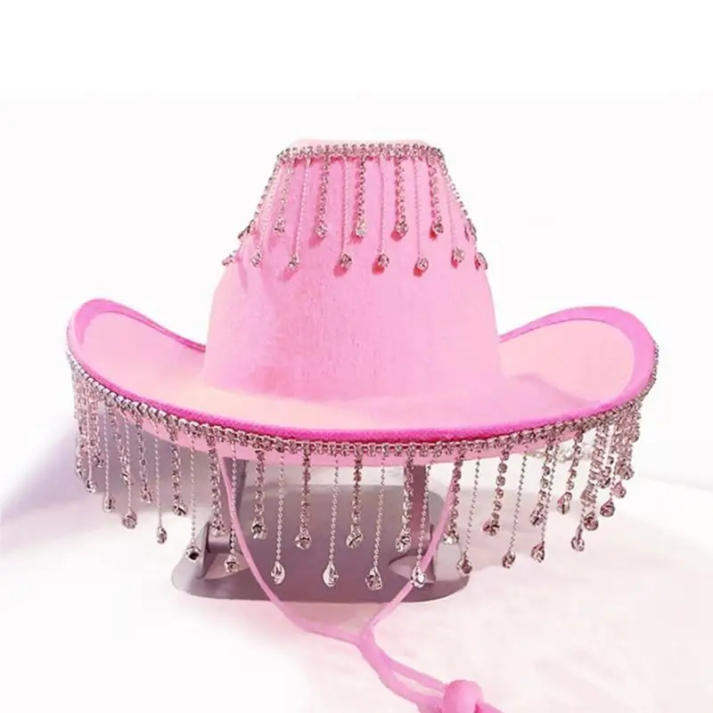 

652F Cowgirl Hat for Adult Cowboy Hat with Rhinestones Fringe Rave Hats Fit Most Women for Theme Party Black White Pink