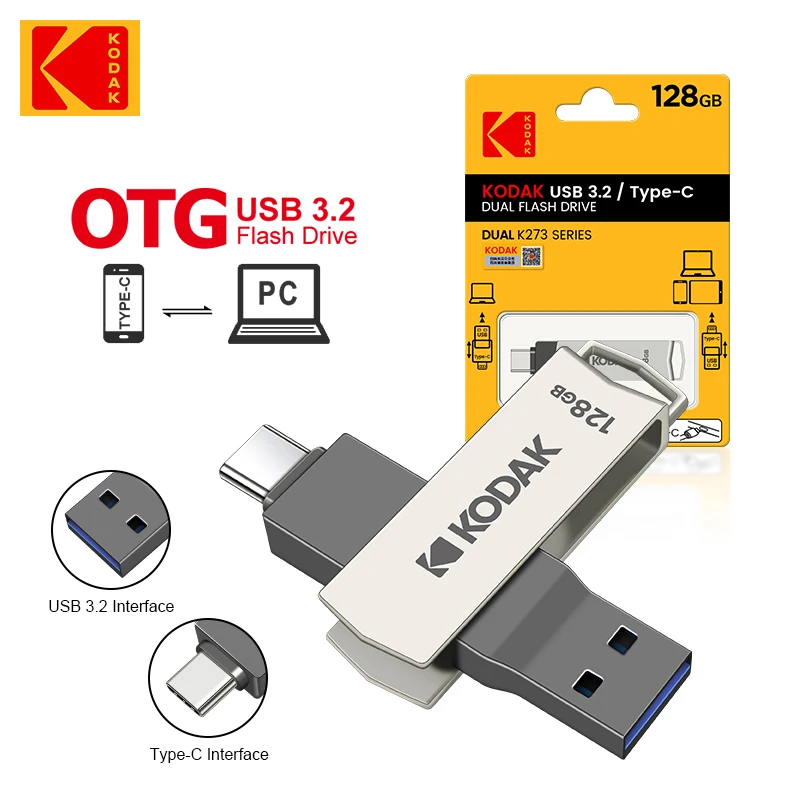 Kodak-Mini Pendrive USB 3,2 tipo C OTG, unidad Flash Dual K273, 128GB, USB 3,0, disco U de Metal para teléfono inteligente, PC, escritorio,