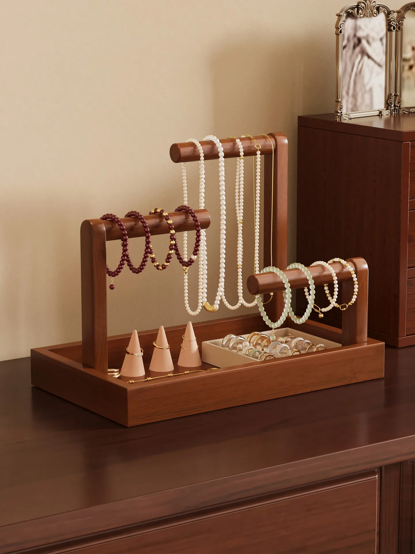 

Rustic Wood Jewelry Display Stand Bead Storage Box Necklace Bracelet Watch Holder Organizer for Home Closet Space