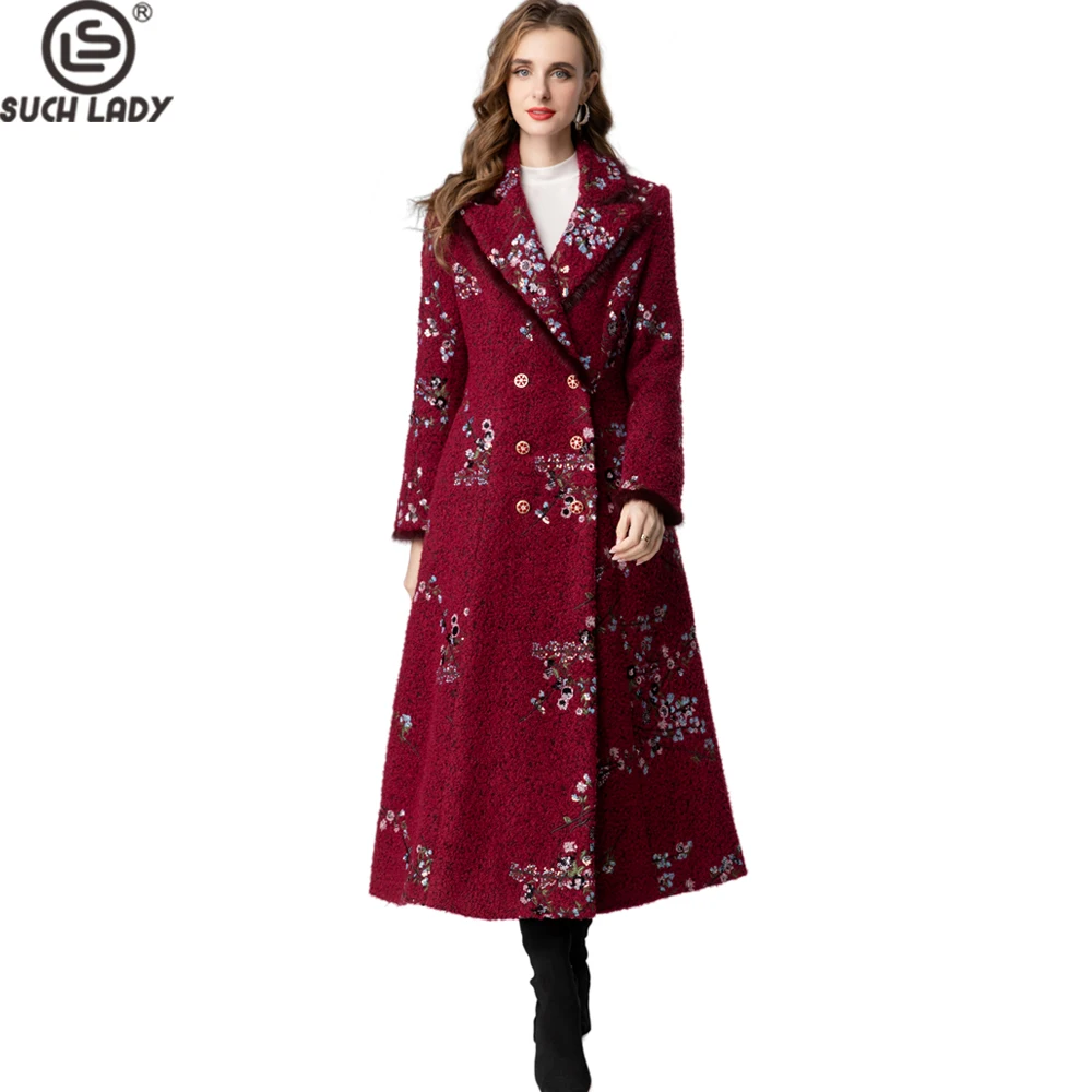 Stunning Burgundy Embroidered Sequin - Trimmed Fluffy Maxi Coat with Fur - Trimmed Lapel Collar for Fall/Winter S-4XL