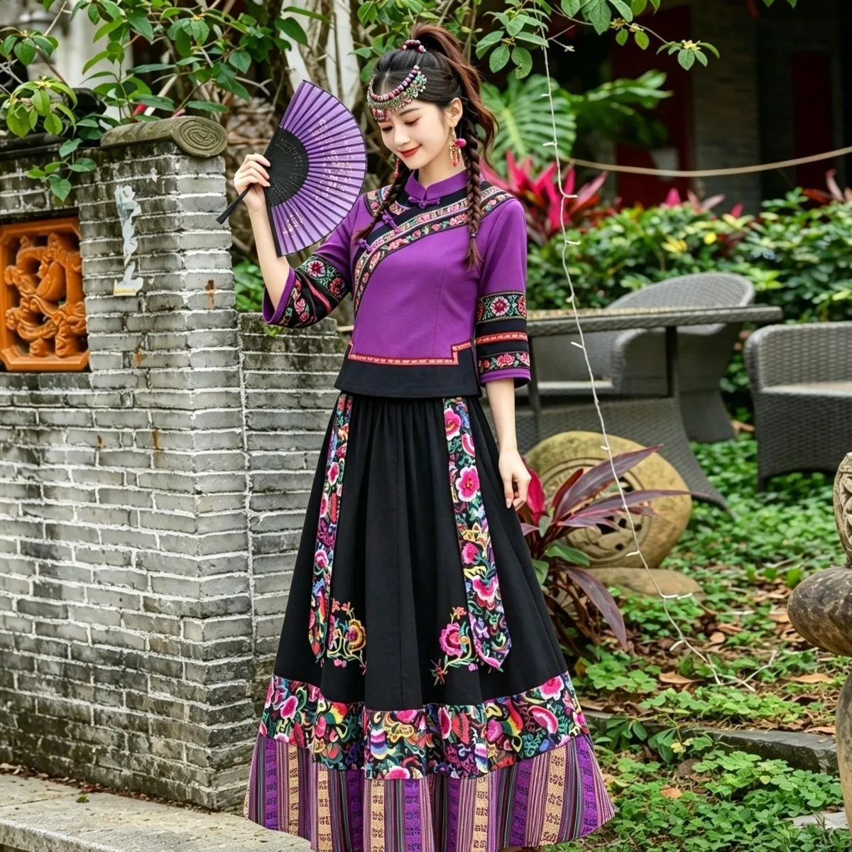 Women's Ethnic Minority Clothing Set Guizhou Miao Ethnic Embroidery Performance Vintage Daily Travel Long Skirt Autumn