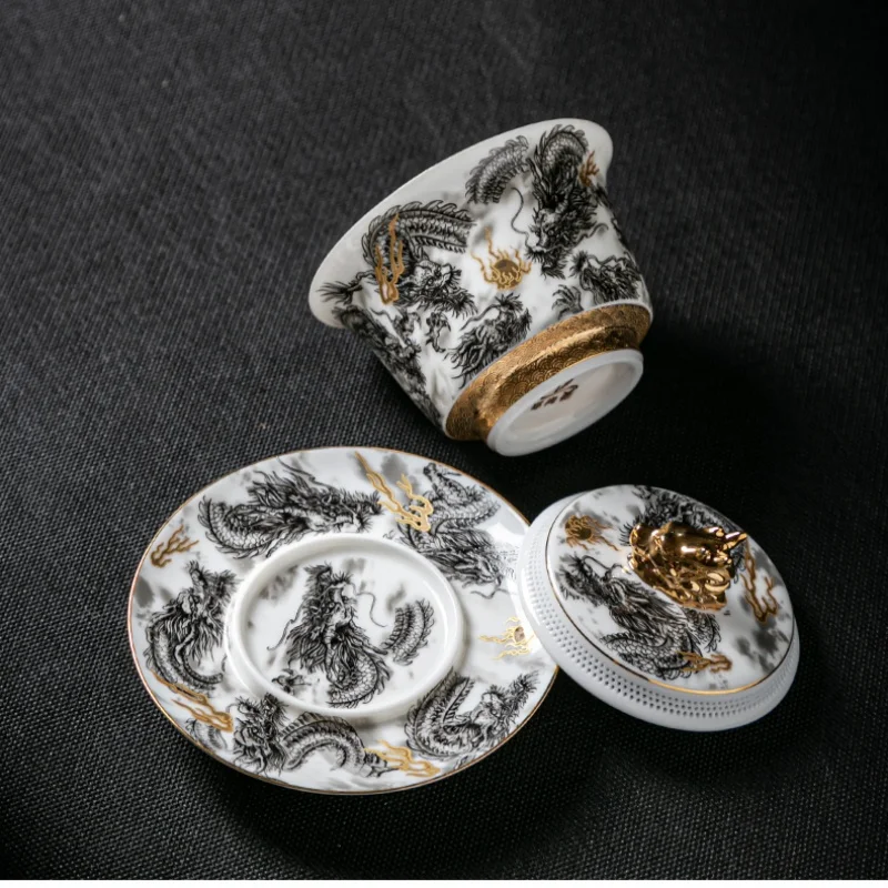 Chinese Dark Dragon White Sheep Fat Jade Porcelain Gaiwan 360° Water Outlet Gold Painted High-end Retro Tea Bowl