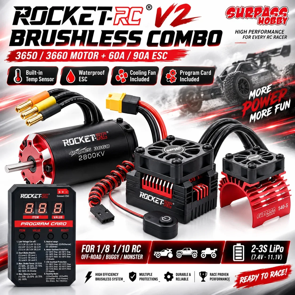 ROCKET RC V2 3650 3660 Brushless Motor with 60A/90A ESC Programme Card Cooling Fan Brushless Power Combo Set for 1/8 1/10 RC Car