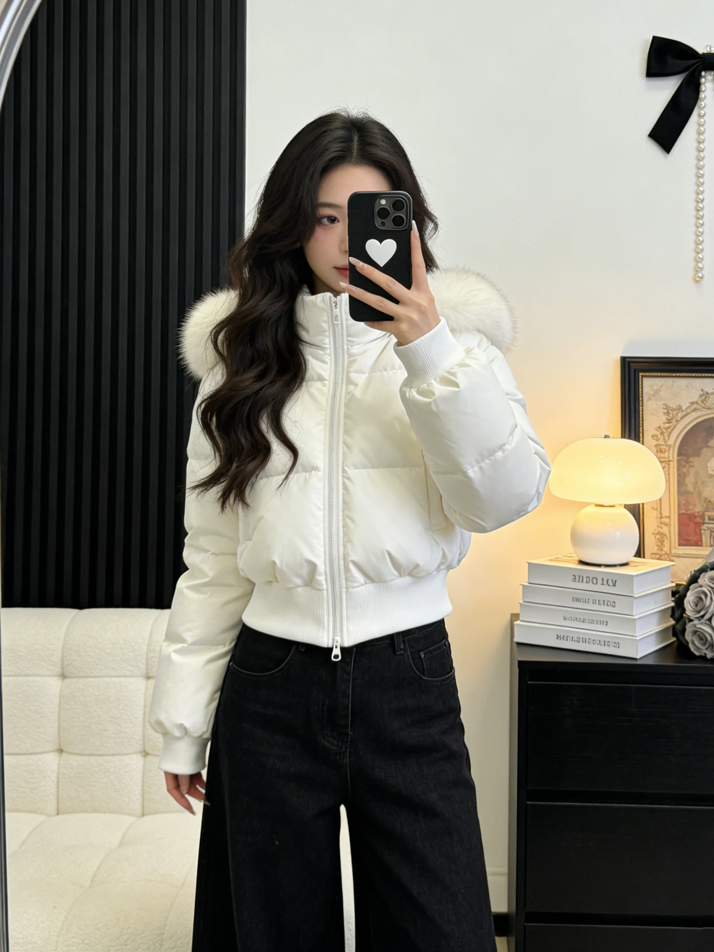 

Корейская короткая хлопковая куртка для женщин: белое пальто с большим меховым воротником и капюшоном, утепленное, для осени и зимы