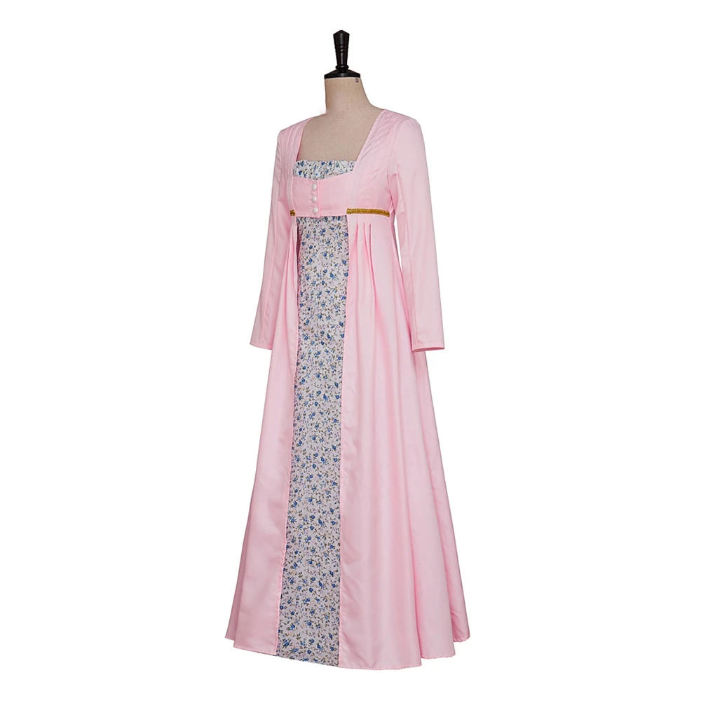 Women Regency Costume Vintage Victorian Floral Tube High Waistline Long Dress with Pink Robe Tea Party Ball Gown