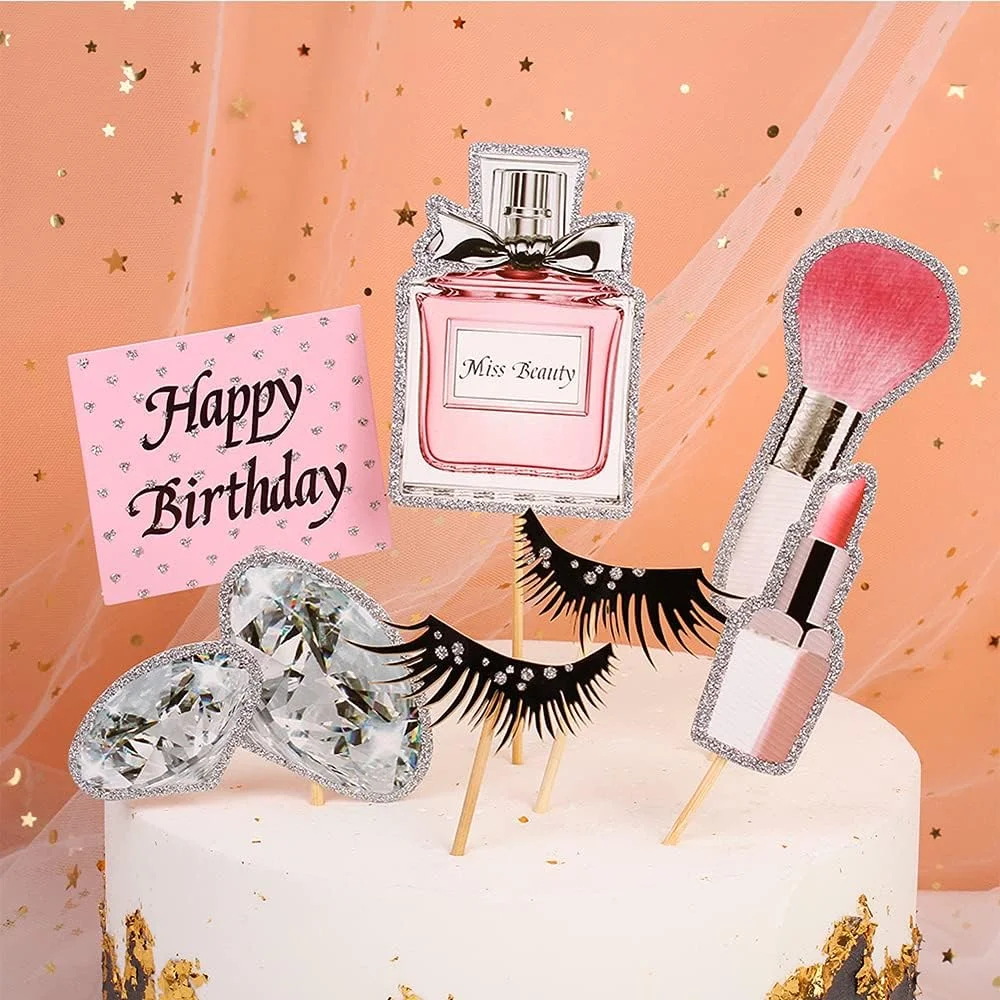 22-teiliges Make-up-Kuchenaufsatz-Set – Lippenstift, Parfüm, Wimpern, Diamantpinsel-Dekor für Frauen, Mädchen, Geburtstag, Brautparty, Spa-Party – Detail 6