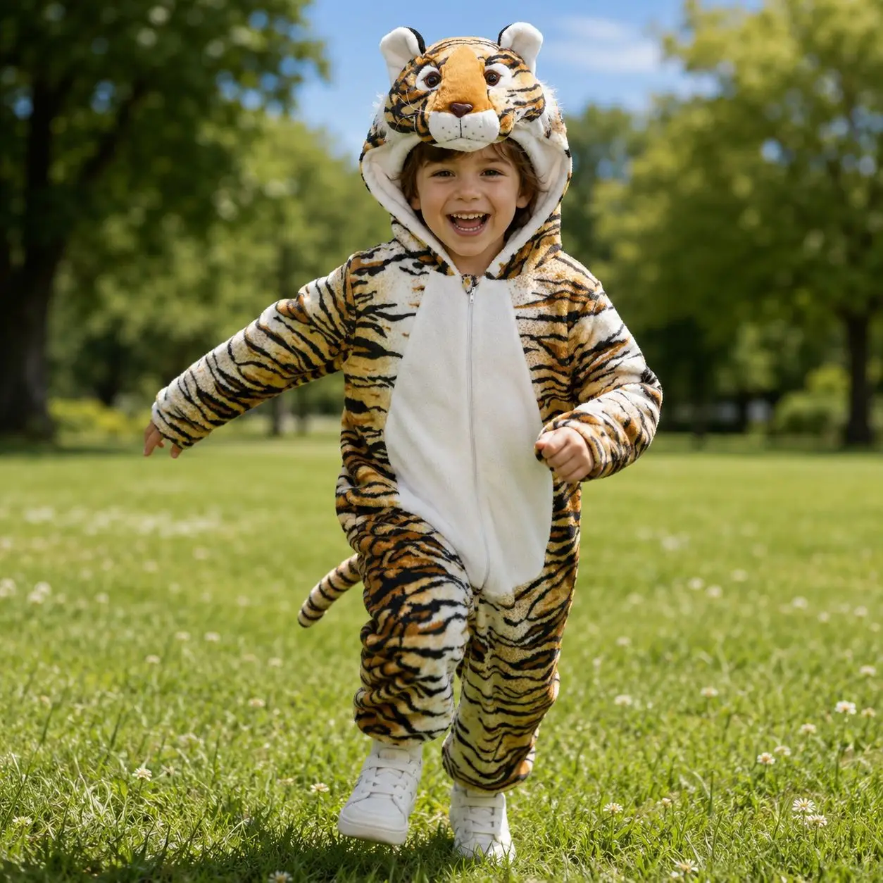 Unisex Tiger Animal Jumpsuit Onesie Kids Hooded Flannel Soft Warm Outfit Halloween Party Stage Performance Holiday Daily Wear