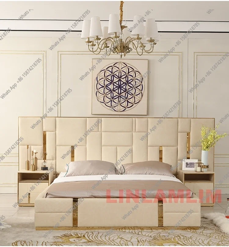 

S MANBAS Luxury Modern King Size Bed With Soft Upholstered Headboard And Storage Nightstands - Genuine Leather Bedroom Furniture