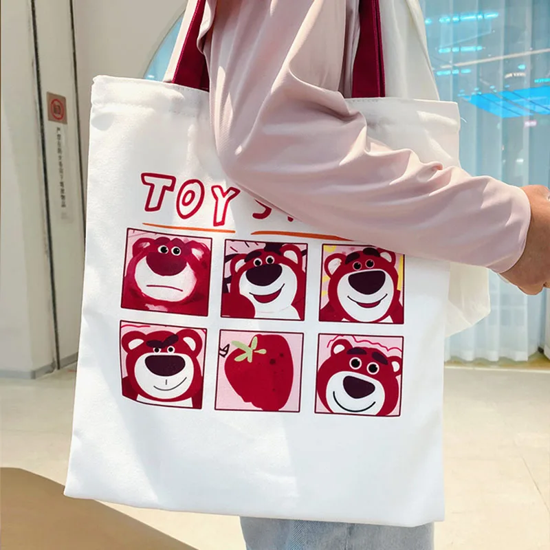 Disney lotso cartoon carrying canvas bag Cute strawberry bear emoji bill shoulder bag,